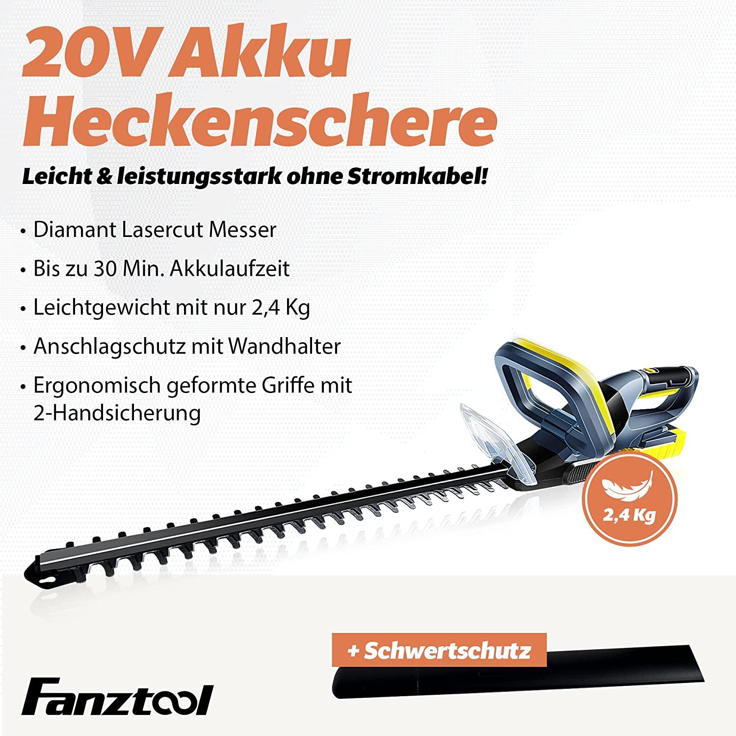 12A FANZTOOL Akku-Heckenschere (20V, 2Ah Akku, 510mm Schnittlänge, 16mm Zahnabstand, 2,4kg, inkl. Akku und Ladegerät) – Bild 2