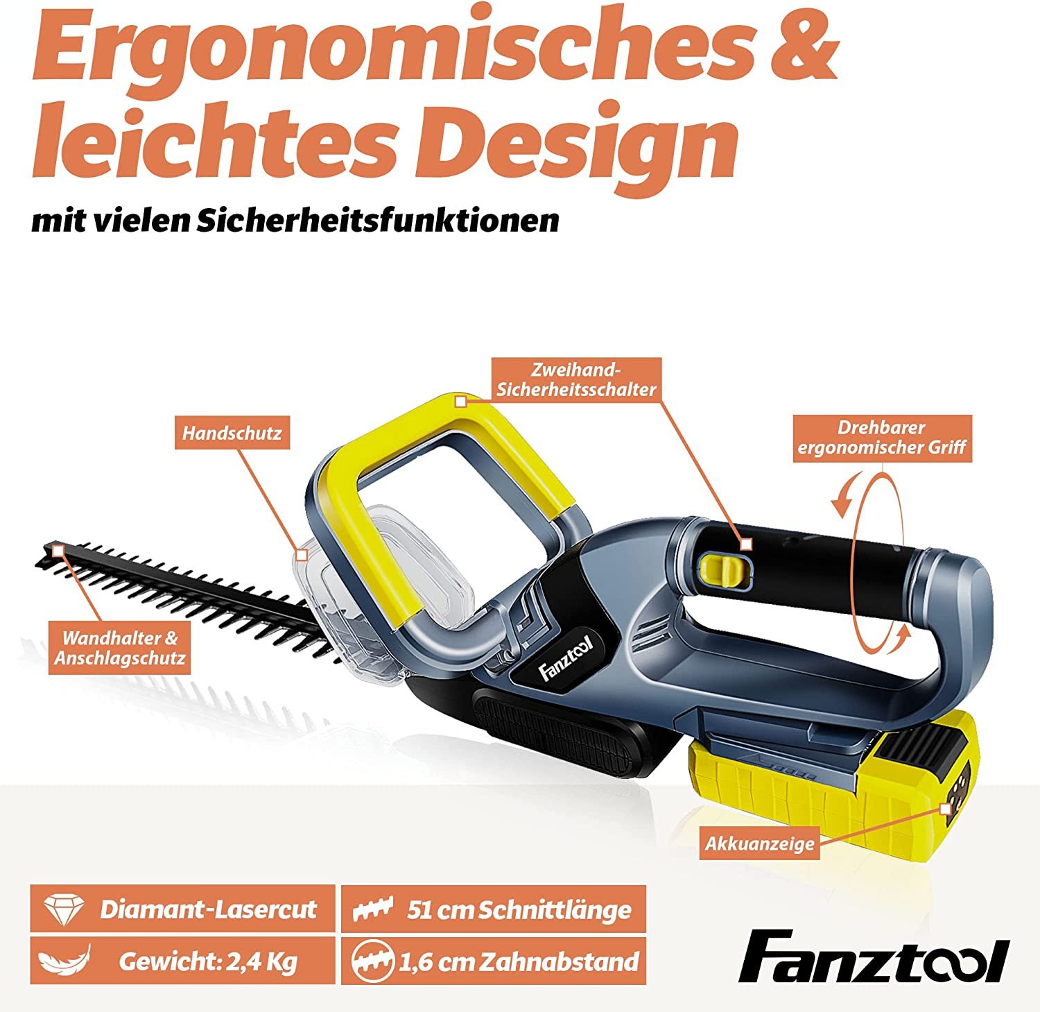 12A FANZTOOL Akku-Heckenschere (20V, 2Ah Akku, 510mm Schnittlänge, 16mm Zahnabstand, 2,4kg, inkl. Akku und Ladegerät) – Bild 4