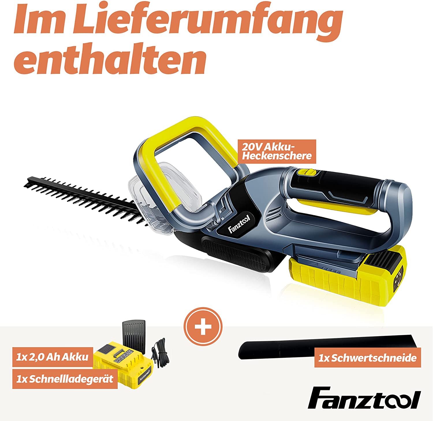 12A FANZTOOL Akku-Heckenschere (20V, 2Ah Akku, 510mm Schnittlänge, 16mm Zahnabstand, 2,4kg, inkl. Akku und Ladegerät) – Bild 5