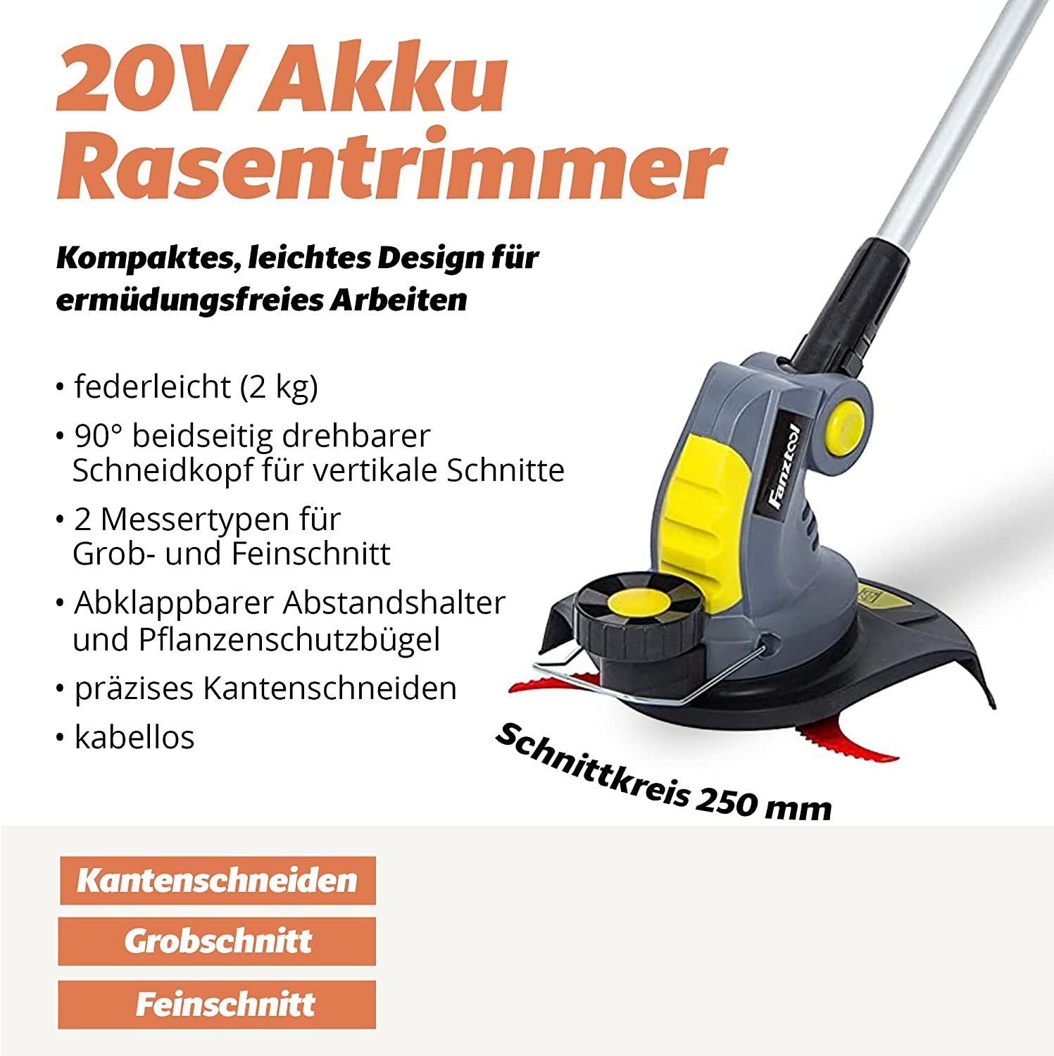 014 FANZTOOL Akku Rasentrimmer 20V, inkl. 2Ah Akku & Ladegerät, ideal für Feinschnitt und Grobschnitt – Bild 2