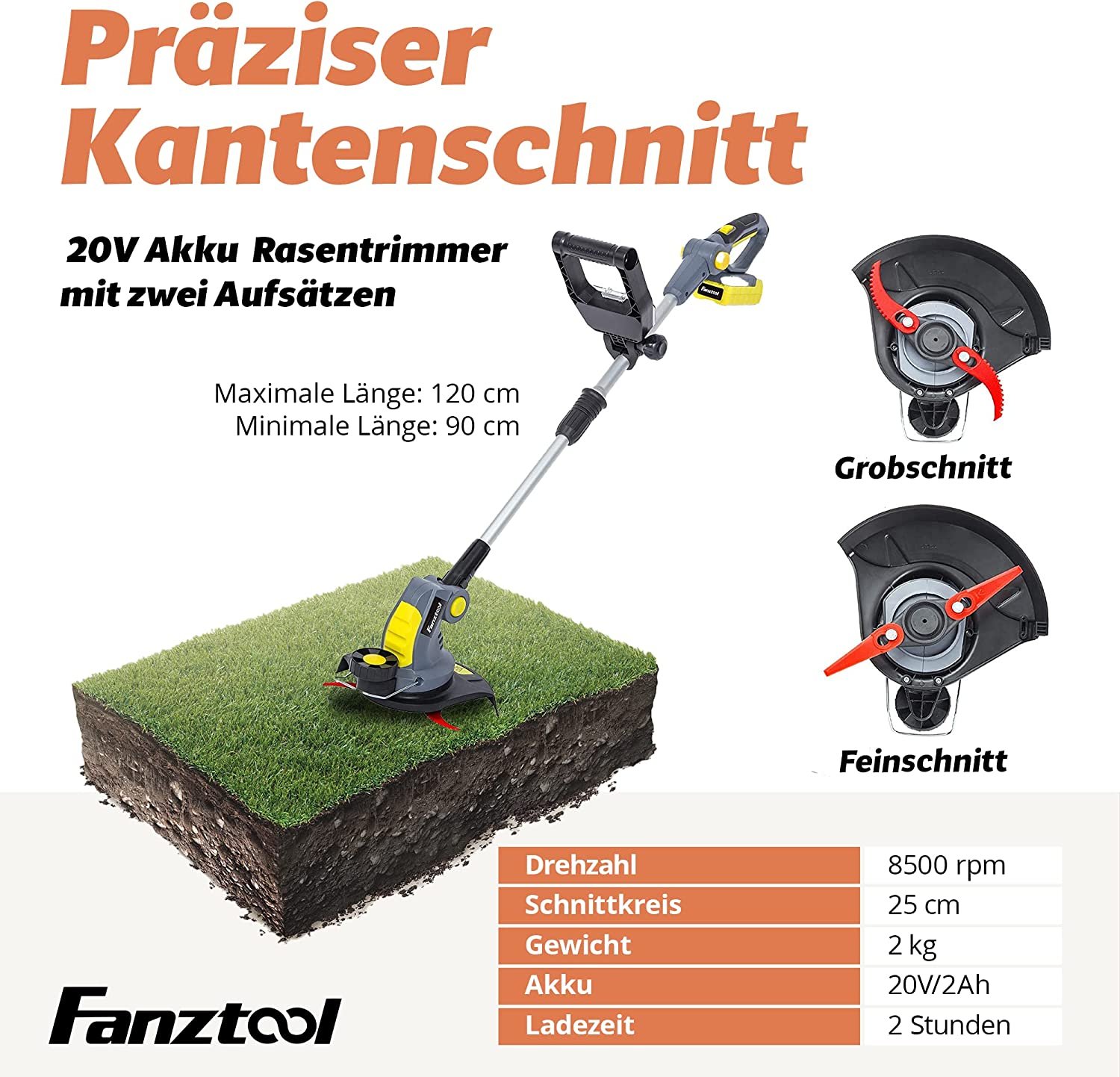 014 FANZTOOL Akku Rasentrimmer 20V, inkl. 2Ah Akku & Ladegerät, ideal für Feinschnitt und Grobschnitt – Bild 3