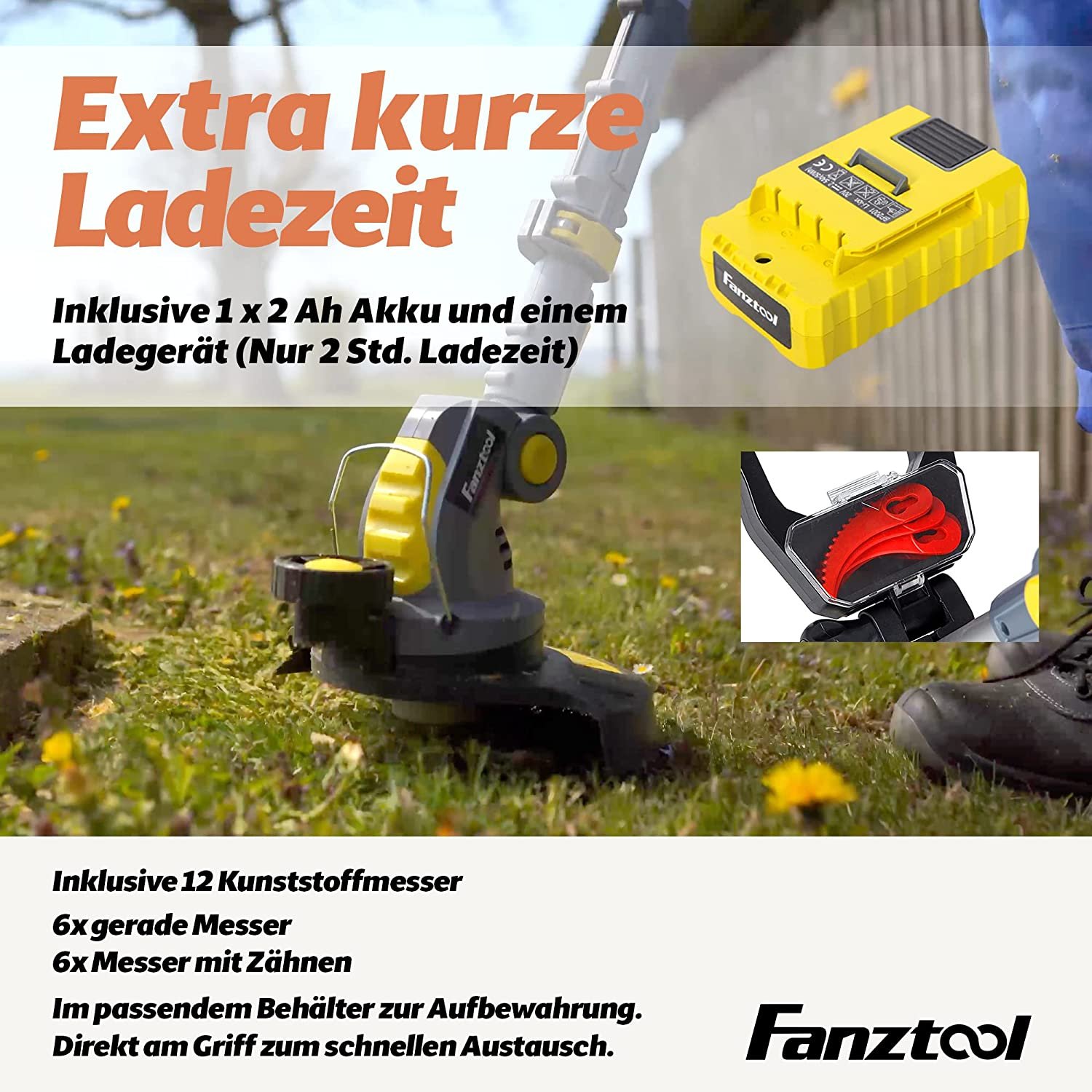 014 FANZTOOL Akku Rasentrimmer 20V, inkl. 2Ah Akku & Ladegerät, ideal für Feinschnitt und Grobschnitt – Bild 4