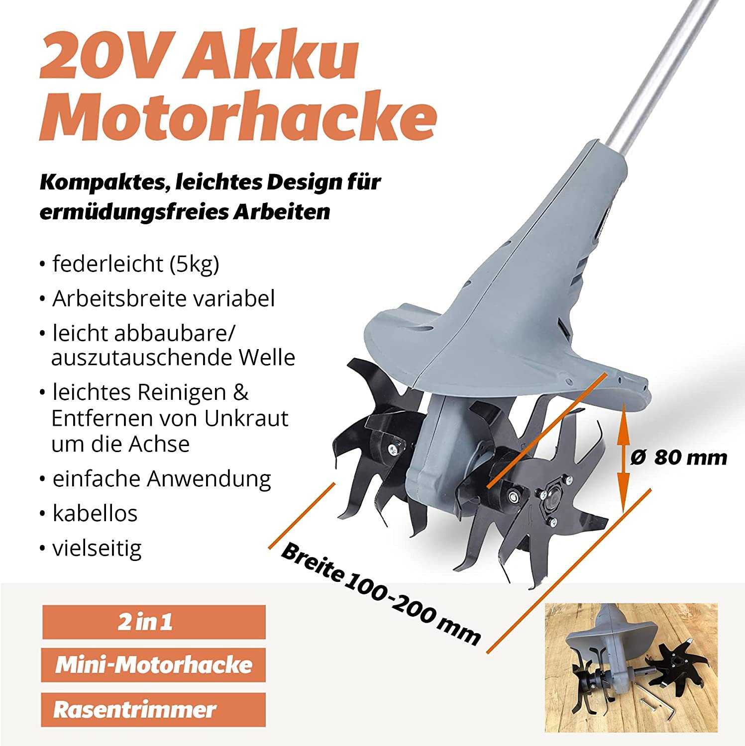 15A FANZTOOL 20V Motorhacke Mini-Bodenhacke Bodenfräse + Rasentrimmer Set mit 20cm Arbeitsbreite – Bild 2