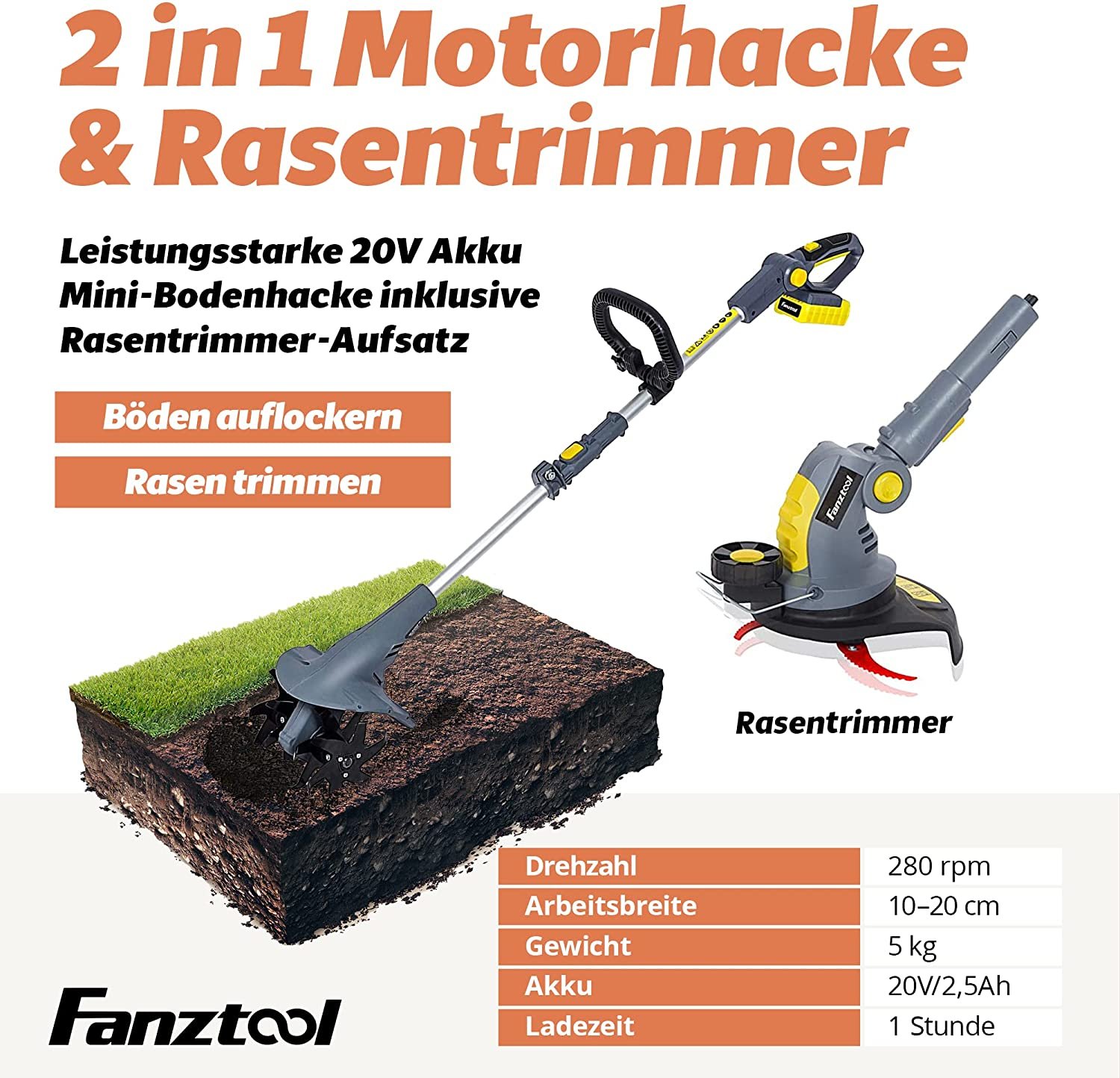 15A FANZTOOL 20V Motorhacke Mini-Bodenhacke Bodenfräse + Rasentrimmer Set mit 20cm Arbeitsbreite – Bild 3