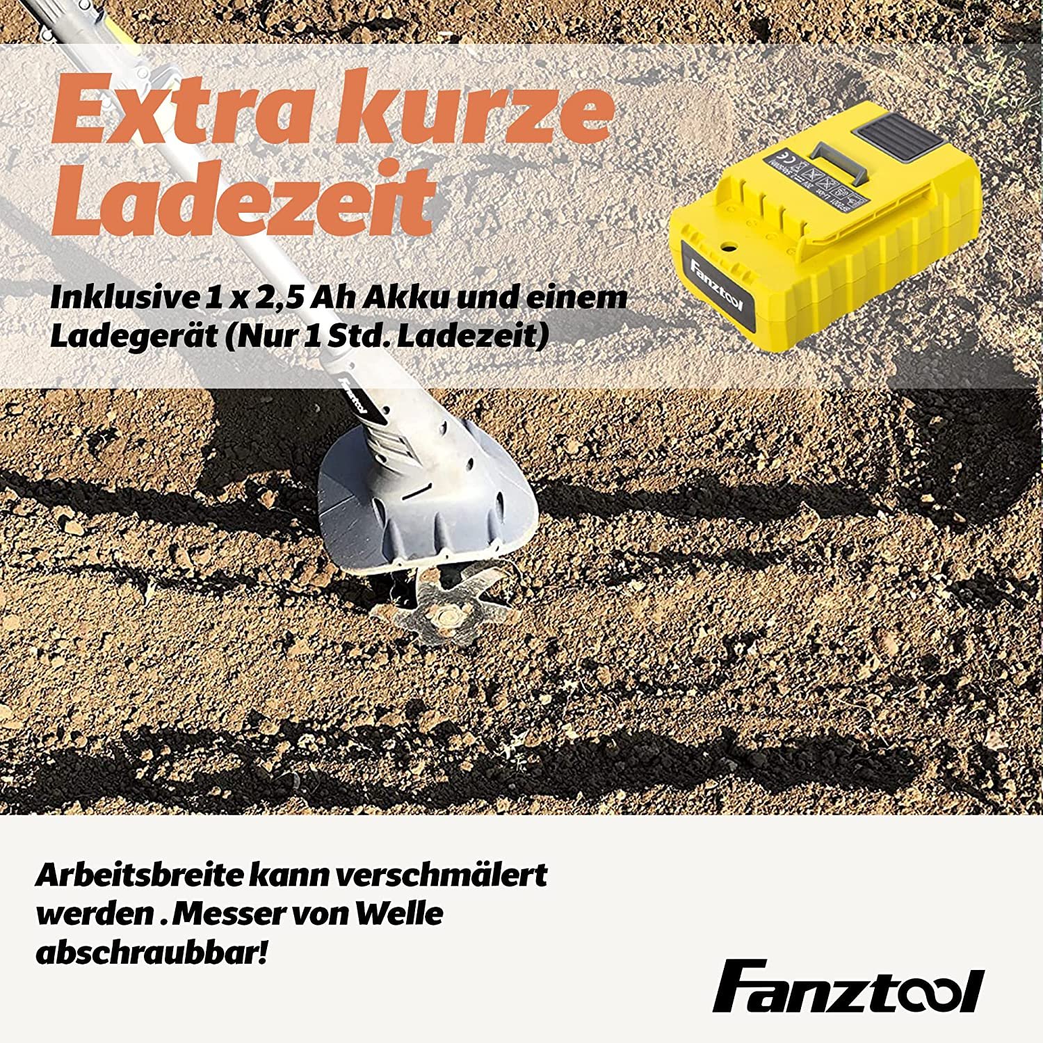 15A FANZTOOL 20V Motorhacke Mini-Bodenhacke Bodenfräse + Rasentrimmer Set mit 20cm Arbeitsbreite – Bild 4
