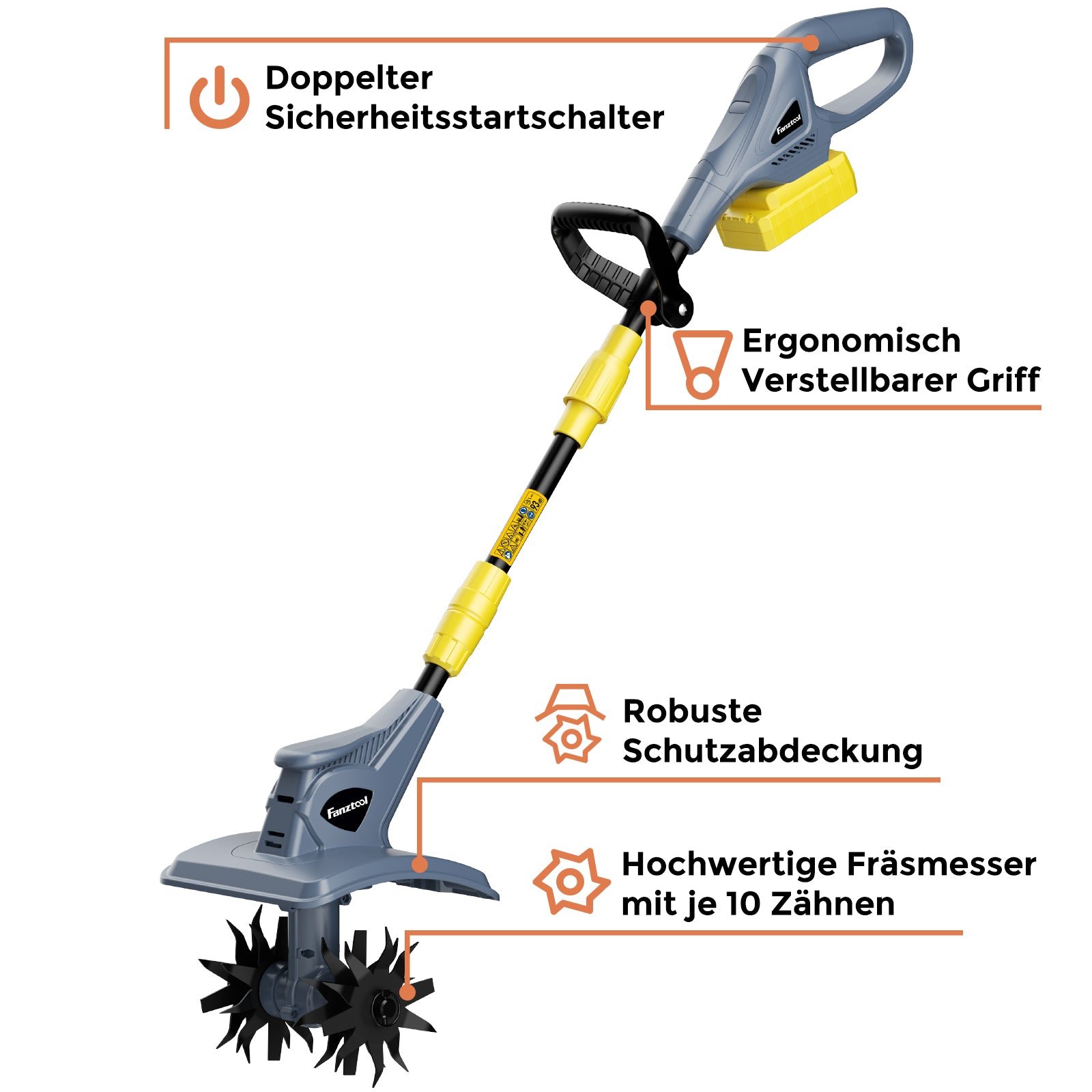 FANZTOOL Akku-Motorhacke mit 20V/4.0Ah Akku, 23cm Arbeitsbreite, 16cm Arbeitstiefe, Akku-Gartenfräse mit 4 robusten Hackmessern, Bodenhacke für kleine Beete & Garten – Bild 3