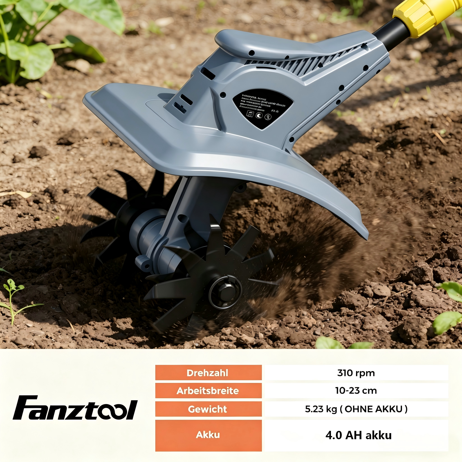 FANZTOOL Akku-Motorhacke mit 20V/4.0Ah Akku, 23cm Arbeitsbreite, 16cm Arbeitstiefe, Akku-Gartenfräse mit 4 robusten Hackmessern, Bodenhacke für kleine Beete & Garten – Bild 4