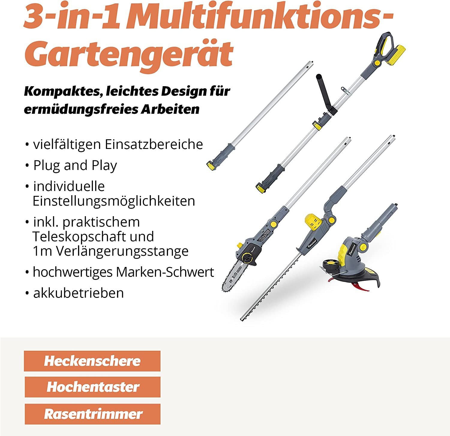 022 FANZTOOL Akku Heckenschere, Hochentaster, Rasentrimmer (3-in-1) – Bild 2