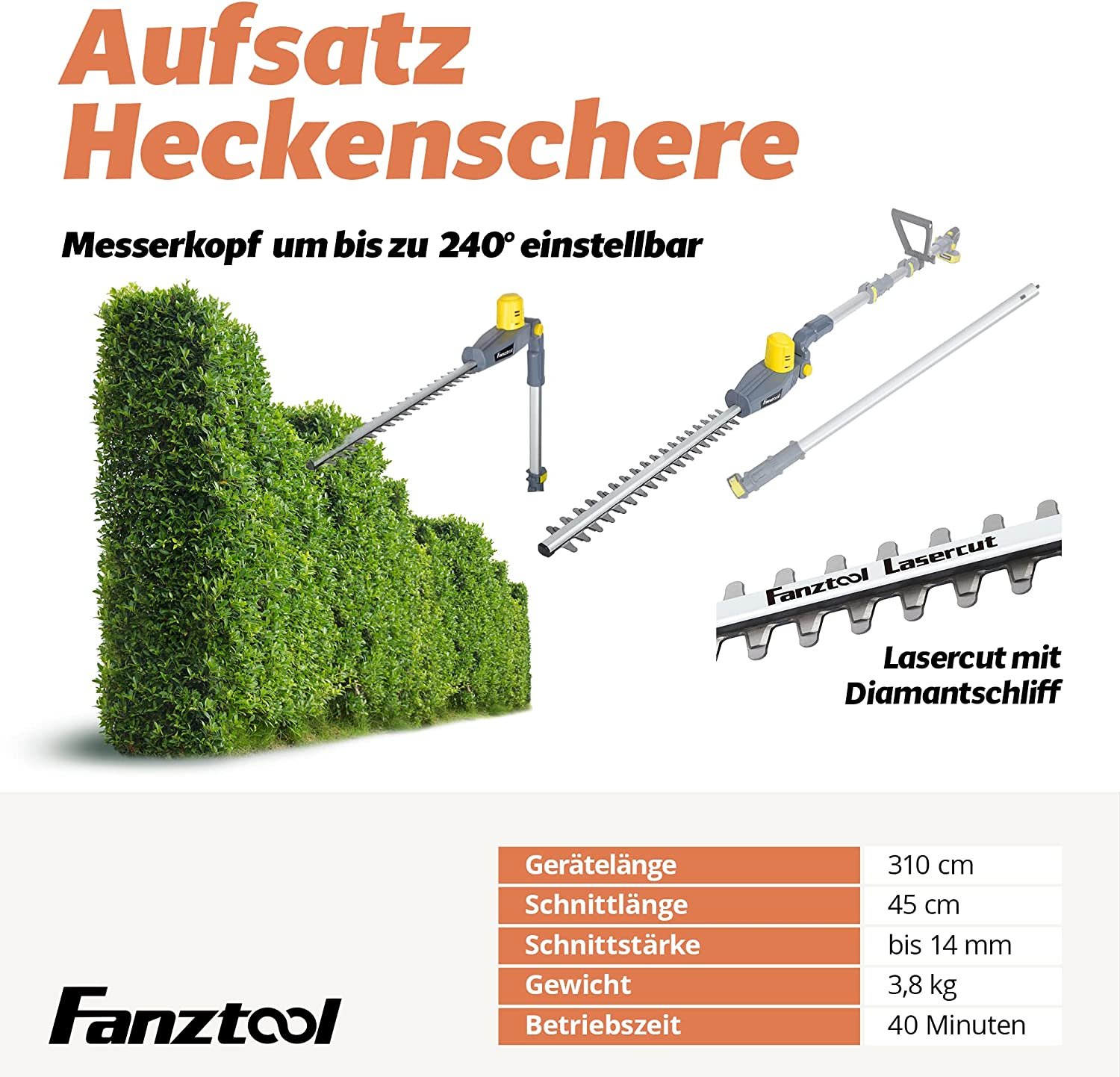 022 FANZTOOL Akku Heckenschere, Hochentaster, Rasentrimmer (3-in-1) – Bild 4