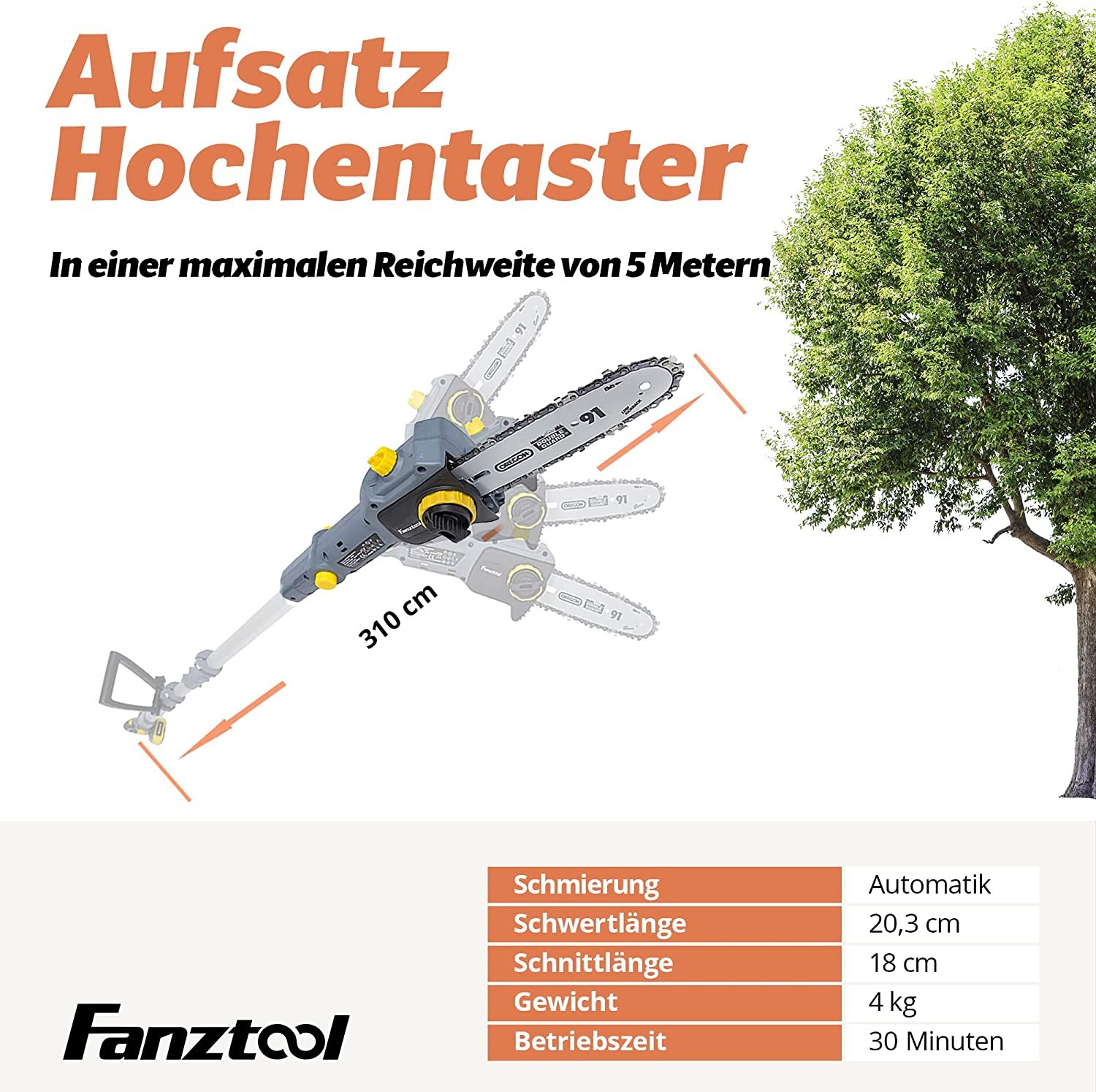 022 FANZTOOL Akku Heckenschere, Hochentaster, Rasentrimmer (3-in-1) – Bild 5