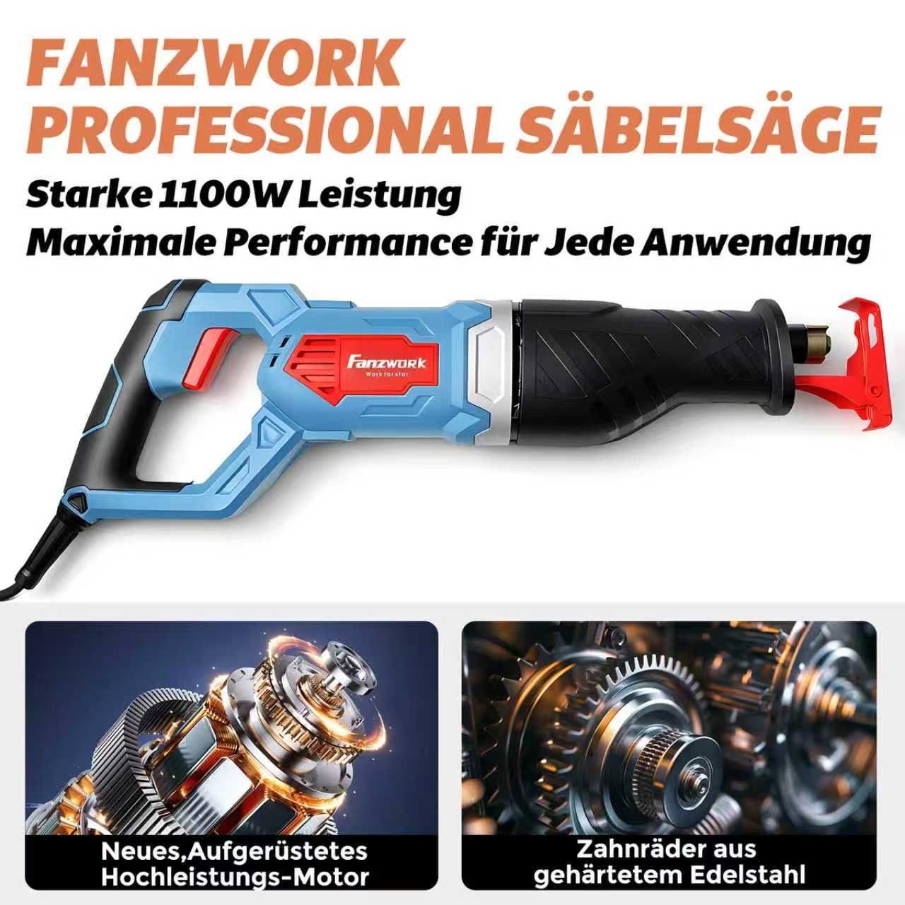 FANZWORK 1100W Säbelsäge Elektrisch – Leistungsstark mit 0–2500 SPM, LED, inkl. Sägeblatt, mit 4m Kabel – Für Holz, Metall & Kunststoff u.v.m – Werkzeugloser Klingenwechsel – Bild 4