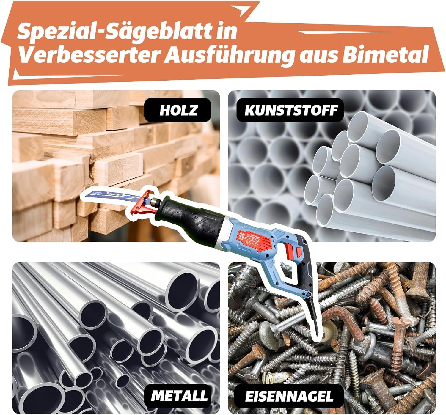 FANZWORK 1100W Säbelsäge Elektrisch – Leistungsstark mit 0–2500 SPM, LED, inkl. Sägeblatt, mit 4m Kabel – Für Holz, Metall & Kunststoff u.v.m – Werkzeugloser Klingenwechsel – Bild 8
