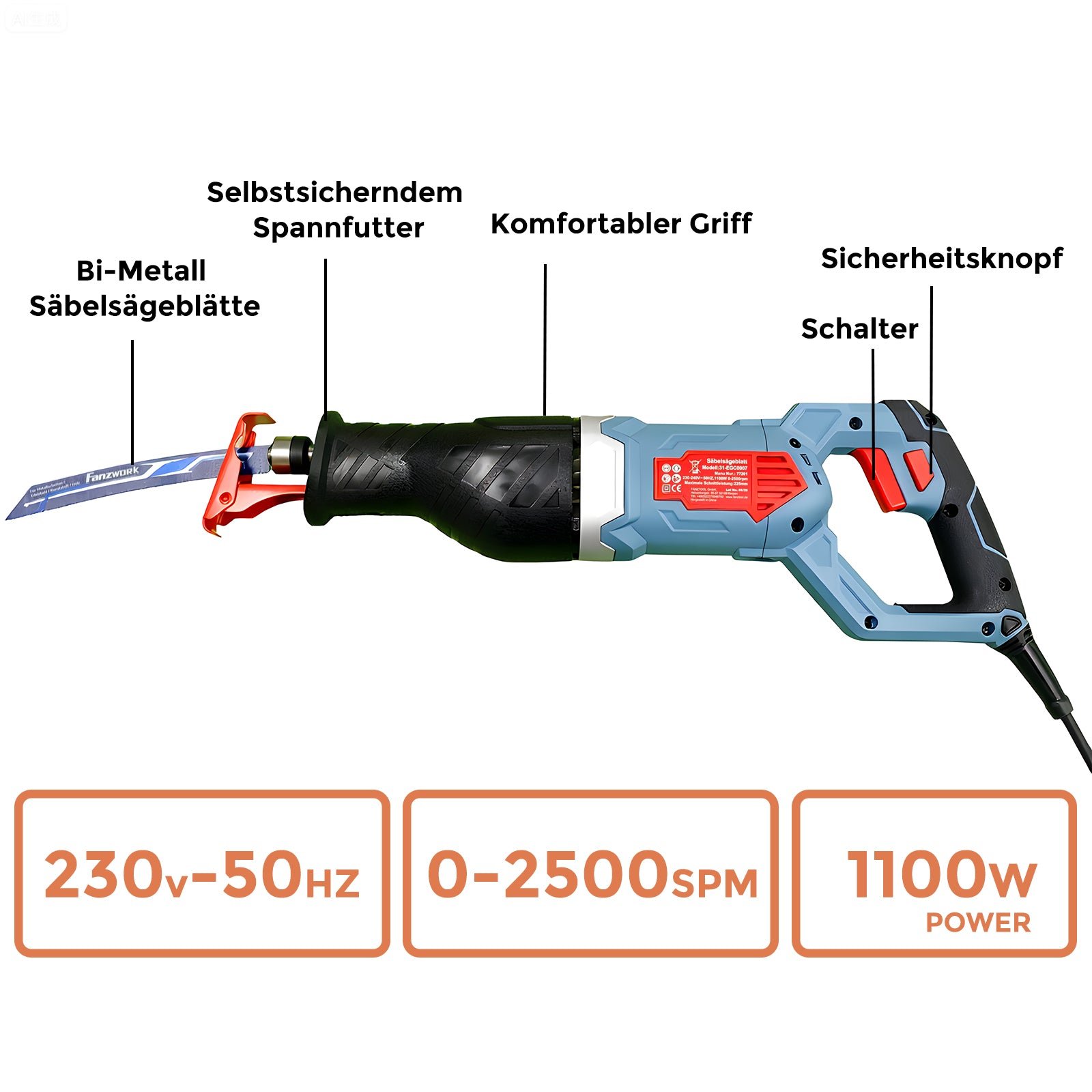 FANZWORK 1100W Säbelsäge Elektrisch – Leistungsstark mit 0–2500 SPM, LED, inkl. Sägeblatt, mit 4m Kabel – Für Holz, Metall & Kunststoff u.v.m – Werkzeugloser Klingenwechsel – Bild 9