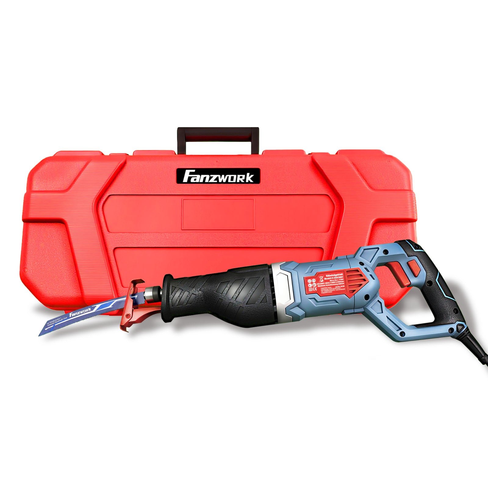 FANZWORK 1100W Säbelsäge Elektrisch – Leistungsstark mit 0–2500 SPM, LED, inkl. Sägeblatt, mit 4m Kabel – Für Holz, Metall & Kunststoff u.v.m – Werkzeugloser Klingenwechsel