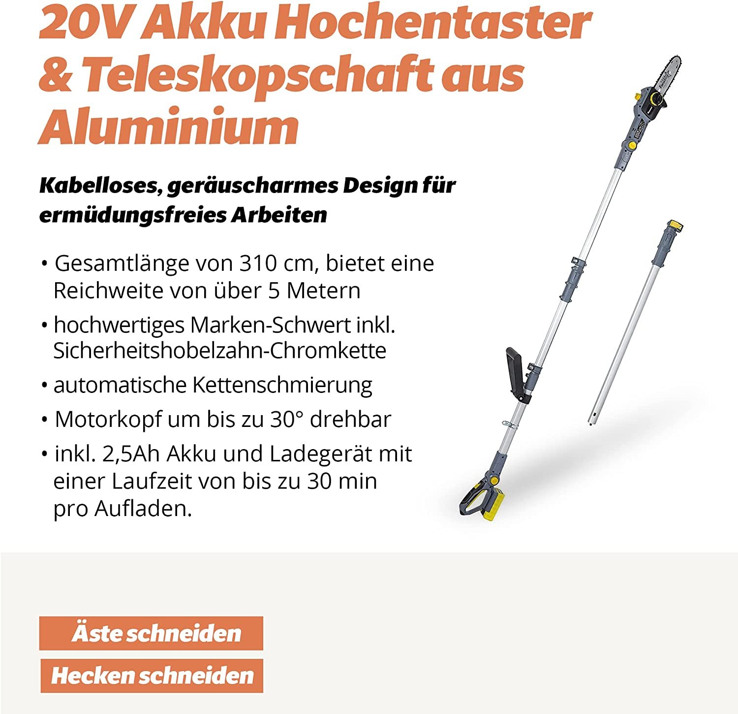 032 FANZTOOL 20V Li-Ion Akku-Hochentaster mit 2,5Ah Akku/Ladegerät, Höhe bis 5 m, leichtes Gewicht 4 kg – Bild 2