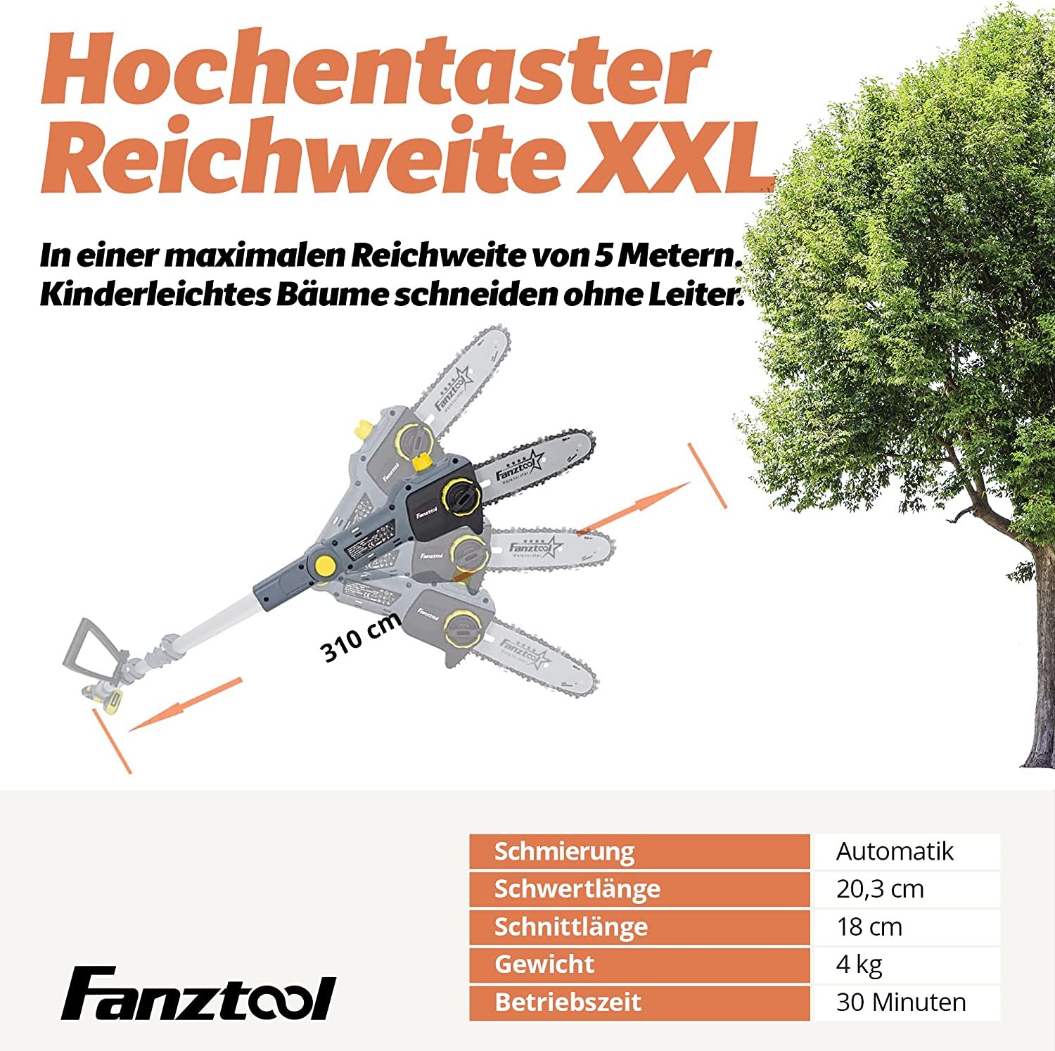 032 FANZTOOL 20V Li-Ion Akku-Hochentaster mit 2,5Ah Akku/Ladegerät, Höhe bis 5 m, leichtes Gewicht 4 kg – Bild 3