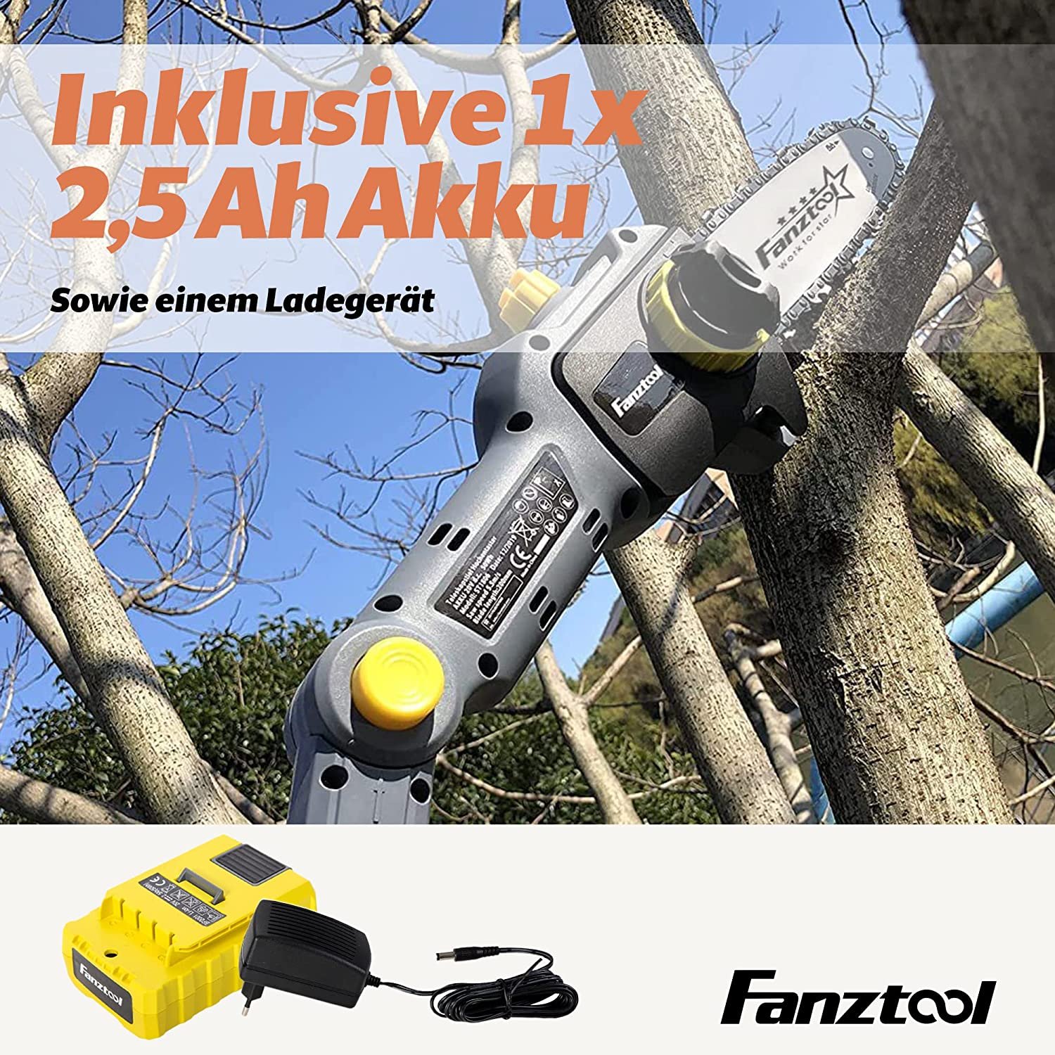 032 FANZTOOL 20V Li-Ion Akku-Hochentaster mit 2,5Ah Akku/Ladegerät, Höhe bis 5 m, leichtes Gewicht 4 kg – Bild 4