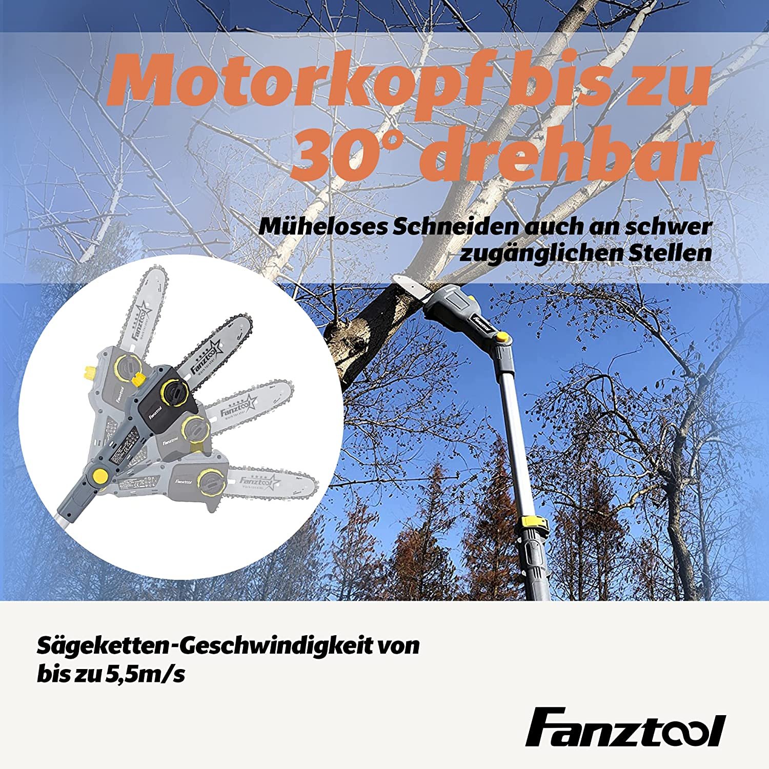 032 FANZTOOL 20V Li-Ion Akku-Hochentaster mit 2,5Ah Akku/Ladegerät, Höhe bis 5 m, leichtes Gewicht 4 kg – Bild 6