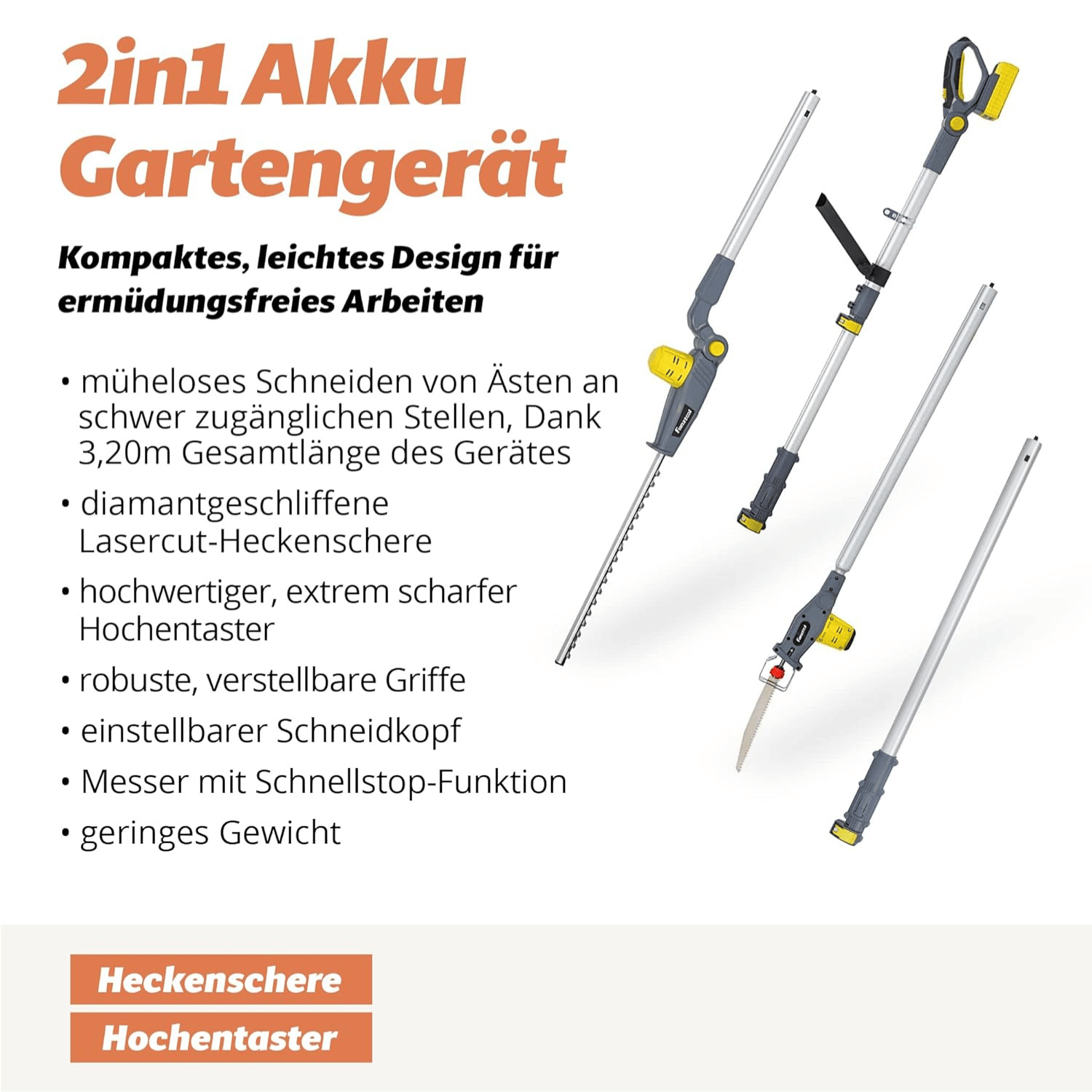 048 FANZTOOL 20V Akku 2-in-1 Hochentaster/Teleskop-Heckenschere mit 2Ah Akku & Ladegerät, Reichweite bis 5 m – Bild 2