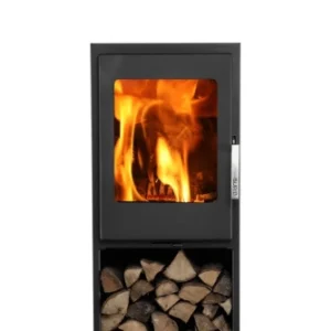 Holzofen JACCO BÛCHER aus Stahl 5 kW luftdicht mit Holzfach