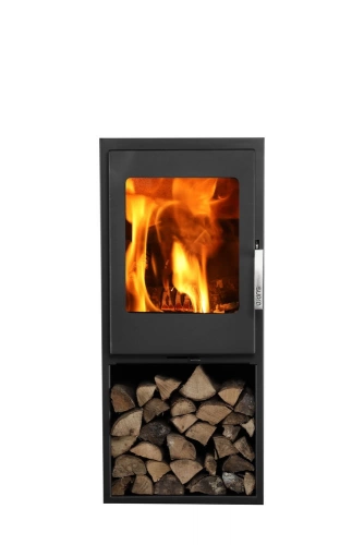 Holzofen JACCO BÛCHER aus Stahl 5 kW luftdicht mit Holzfach