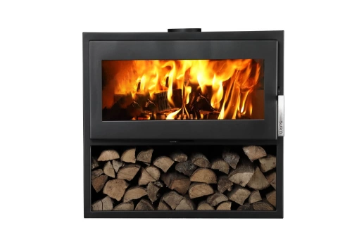 Holzofen LARRY BÛCHER aus Stahl 8.5 kW luftdicht mit Holzfach