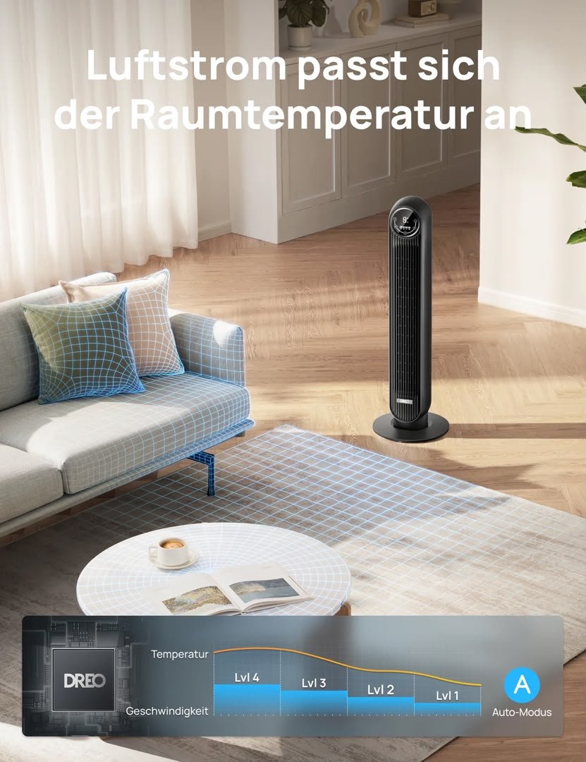 DREO 307S Smart Turmventilator – 8 Geschwindigkeiten, App-Steuerung & 90° Oszillation – Bild 4