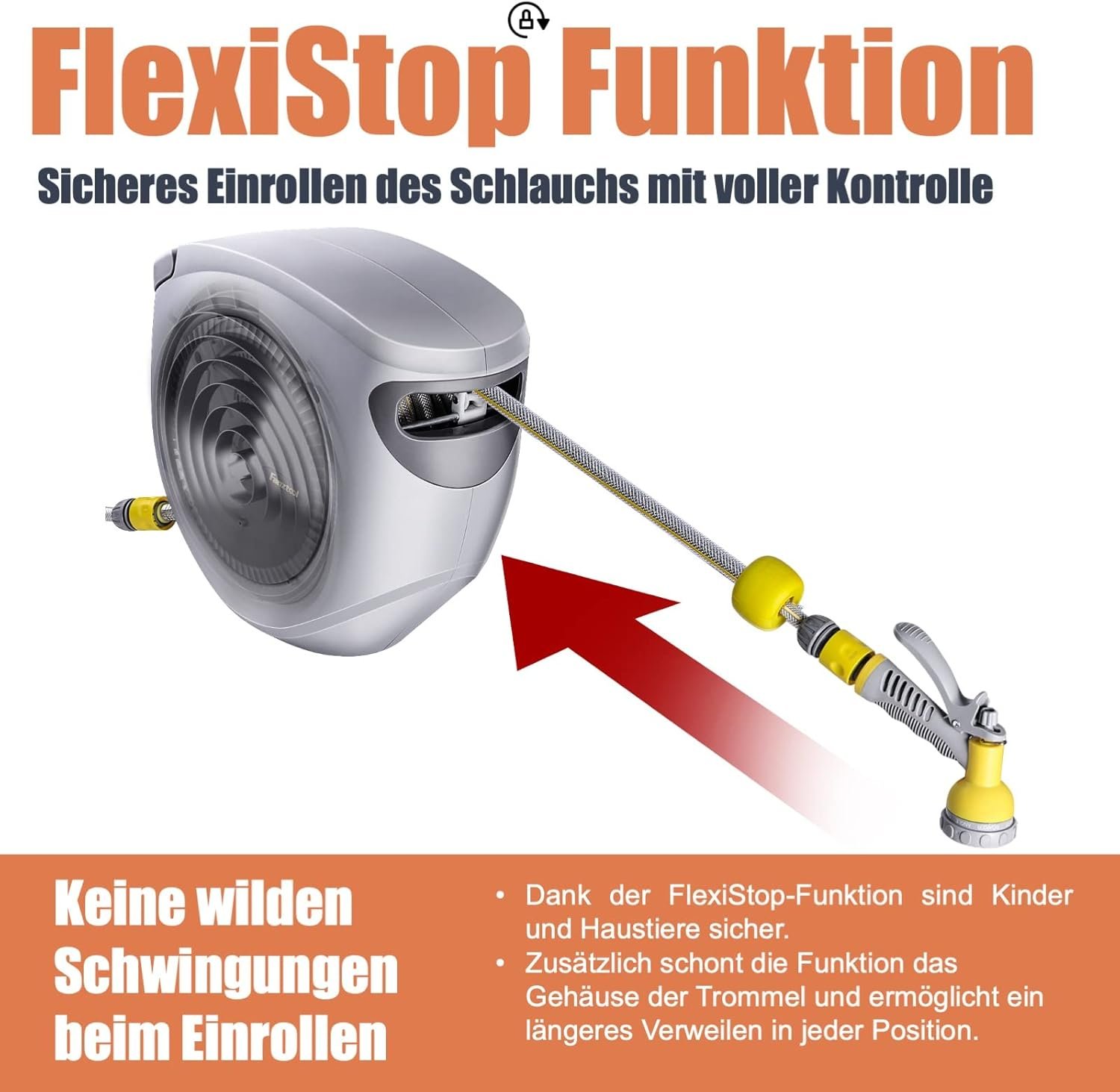Automatischer Gartenschlauchaufroller 35m+2m 1/2" mit Wandhalterung inkl. 8-Funktionen-Multi-Handbrause | Automatik Einrollen | 180° Schwenkbar | Gartenschlauch RoHS geprüft – Bild 2