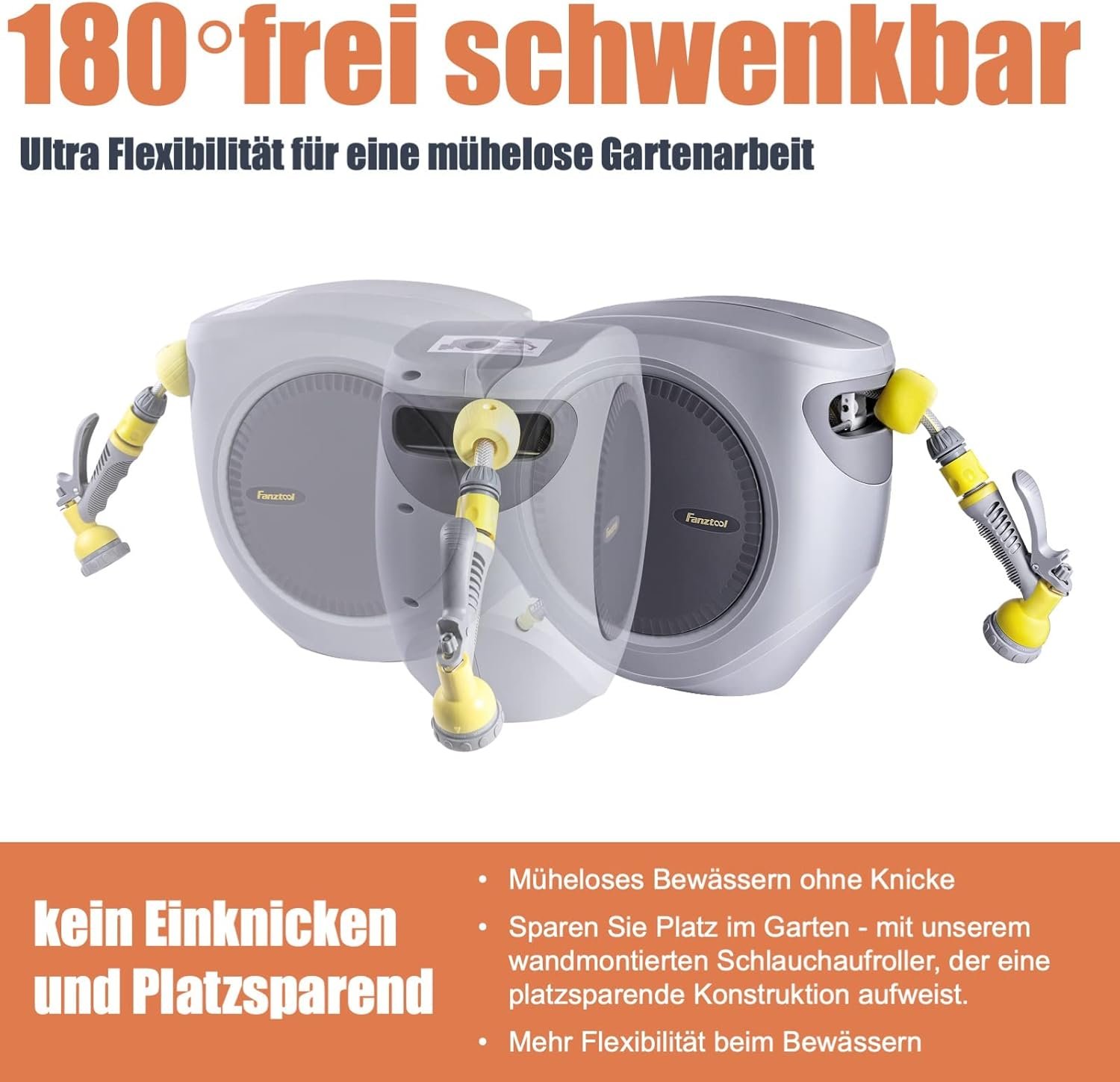 Automatischer Gartenschlauchaufroller 35m+2m 1/2" mit Wandhalterung inkl. 8-Funktionen-Multi-Handbrause | Automatik Einrollen | 180° Schwenkbar | Gartenschlauch RoHS geprüft – Bild 4