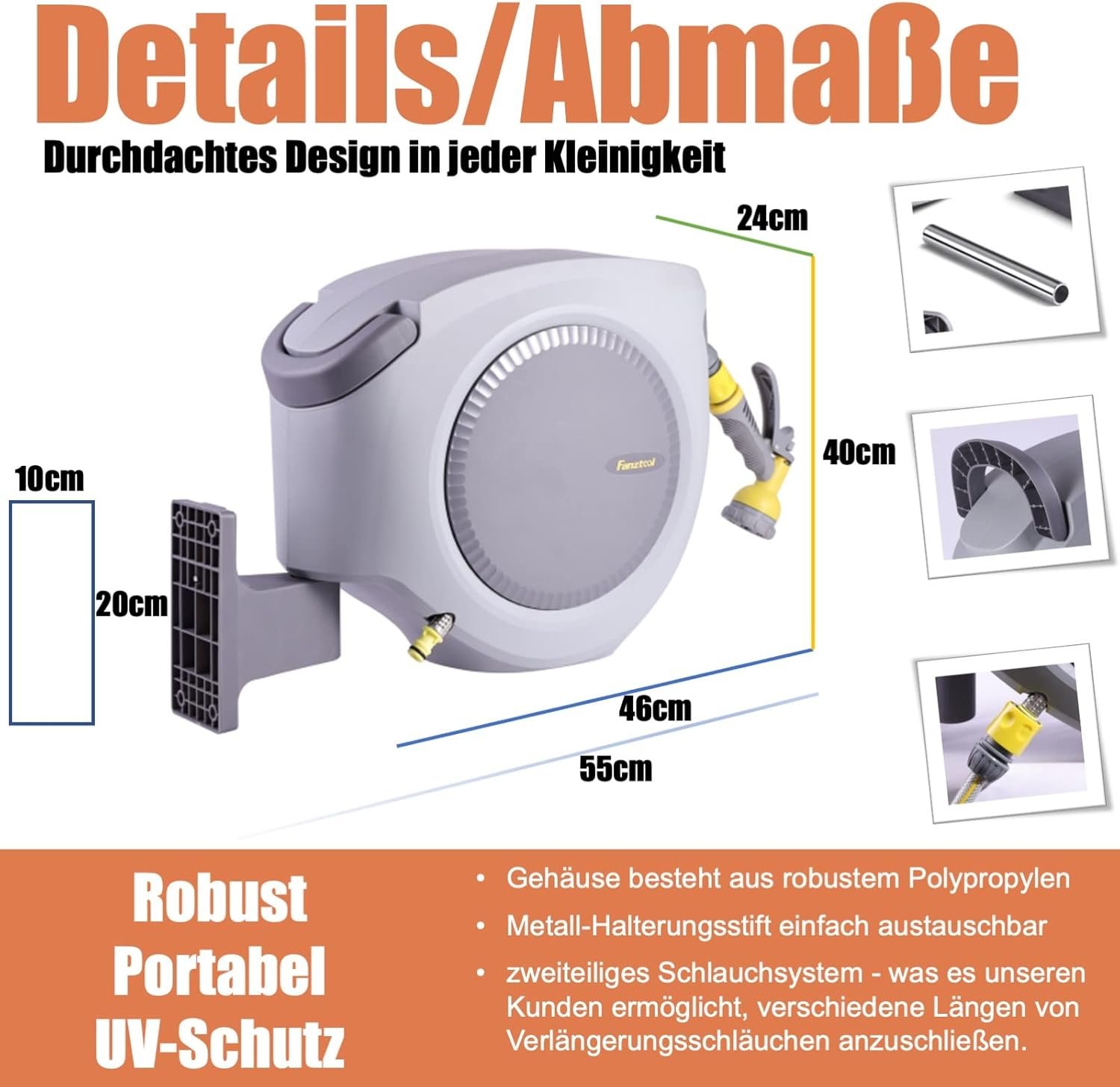 Automatischer Gartenschlauchaufroller 35m+2m 1/2" mit Wandhalterung inkl. 8-Funktionen-Multi-Handbrause | Automatik Einrollen | 180° Schwenkbar | Gartenschlauch RoHS geprüft – Bild 6