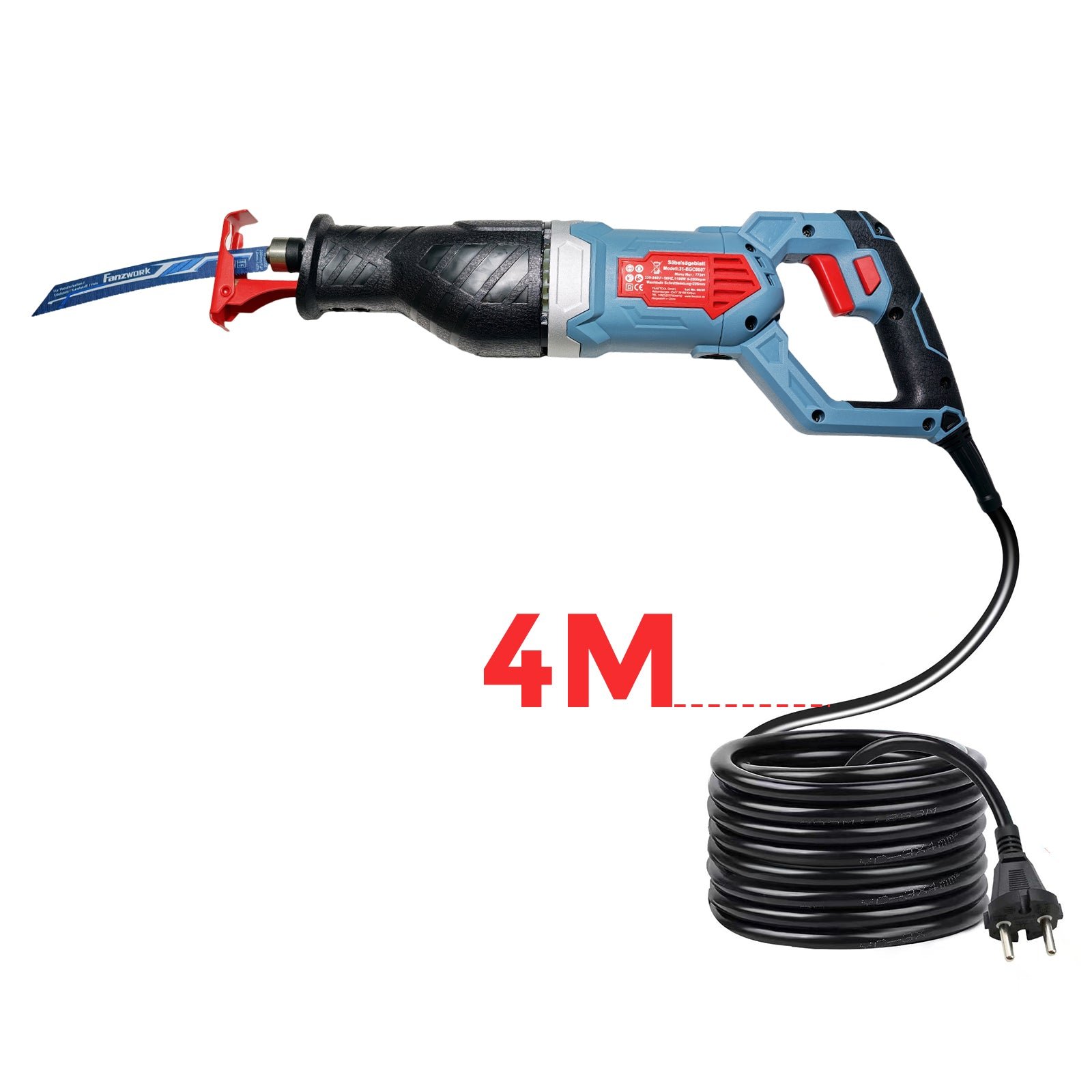FANZWORK 1100W Säbelsäge Elektrisch – Leistungsstark mit 0–2500 SPM, LED, inkl. Sägeblatt, mit 4m Kabel – Für Holz, Metall & Kunststoff u.v.m – Werkzeugloser Klingenwechsel – Bild 7